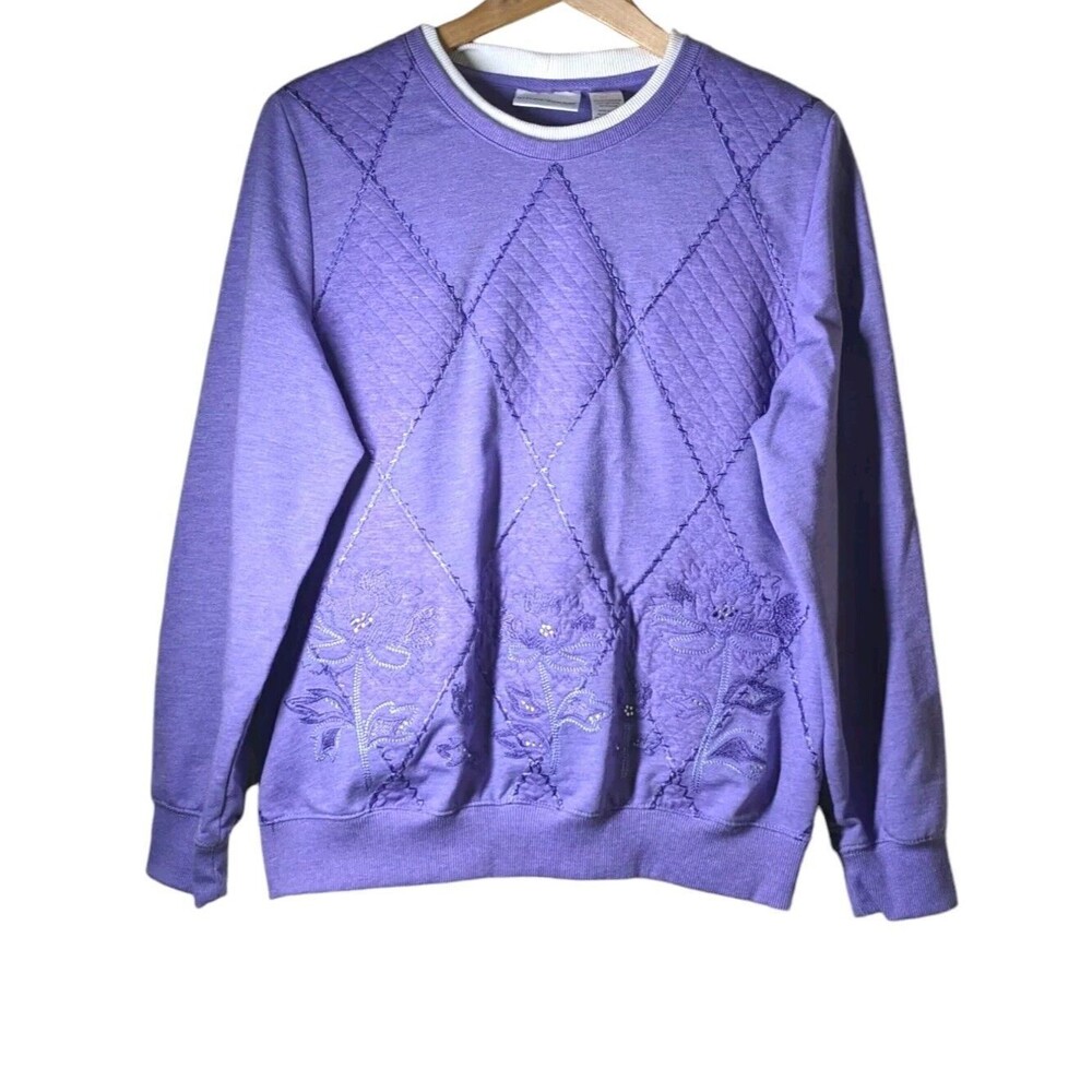 Alfred Dunner Sz M Grandma Purple Patchwork Embroidered Floral Sweatshirt Fall